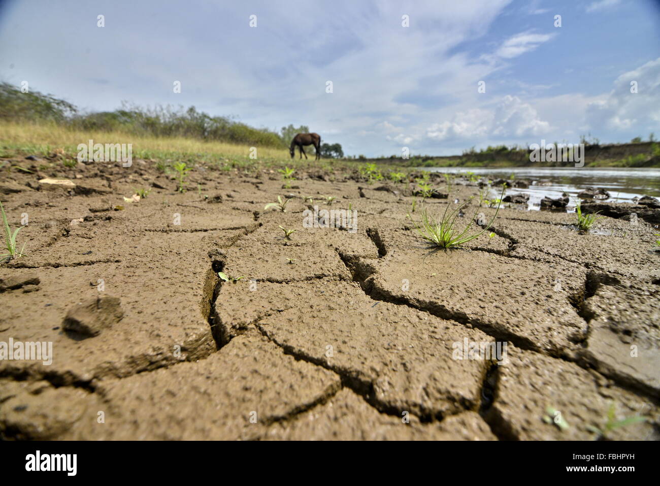 Cauca. 17th Jan, 2016. Undated image shows a view of the soil cracked in the Cauca River on its way between Cauca Valley department and Cauca department, Colombia. Although rains have been registered this week and partly relieve the drought in some rivers of the country, the basins of the rivers Magdalena and Cauca remain the most affected by the season of El Nioo, according to information from the Institute of Meteorology, Hydrology and Environmental Studies (IDEAM, for its acronym in Spanish) of Colombia. © Jorge Orozco/COLPRENSA/Xinhua/Alamy Live News Stock Photo