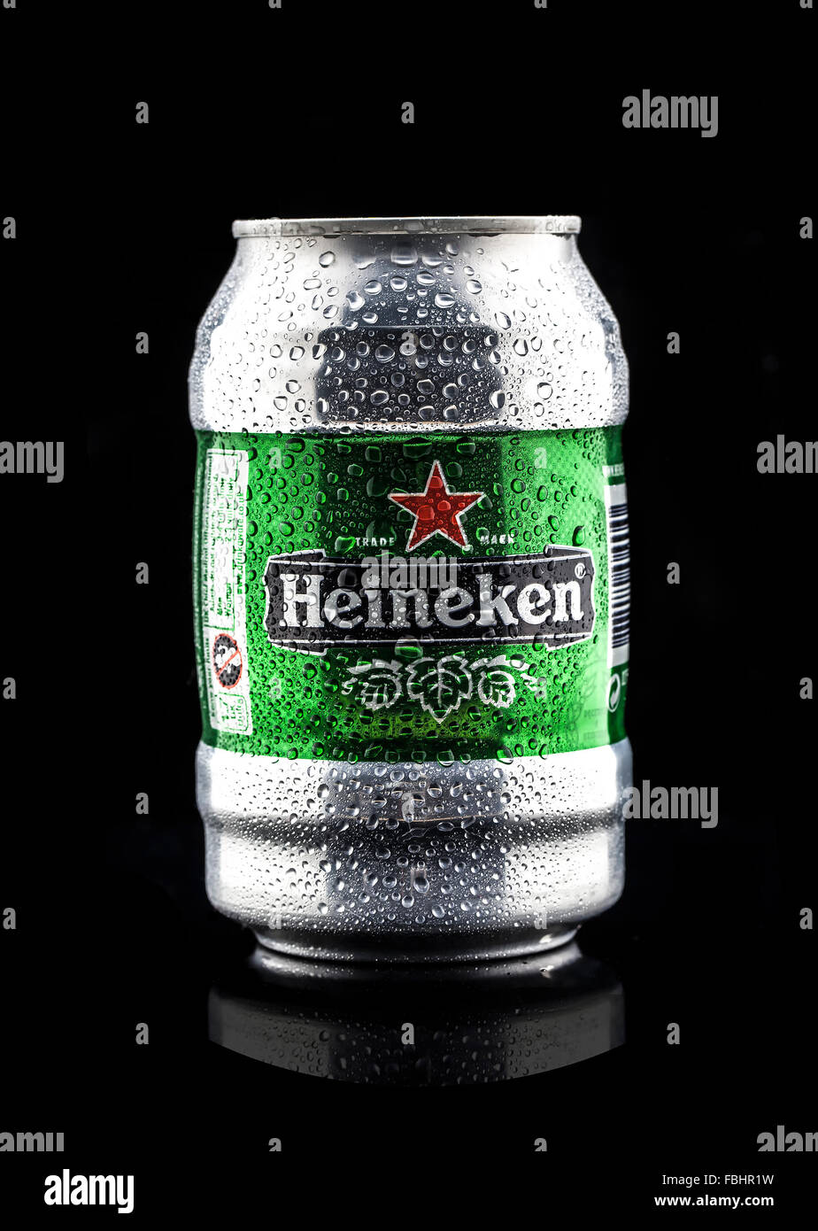 Can Of Cold Heineken Beer on a Black background Stock Photo