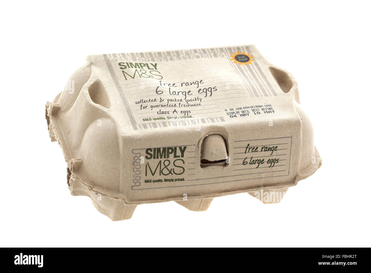 Box Of Marks and Spencer Free Range Eggs on a white background Stock