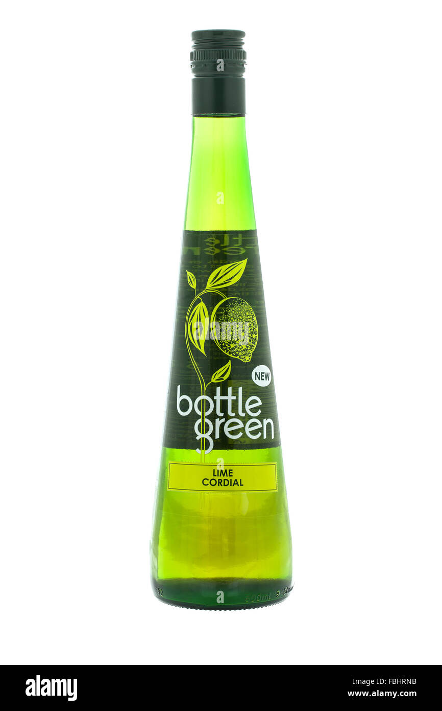 Bottle Green Lime Cordial on a white background Stock Photo
