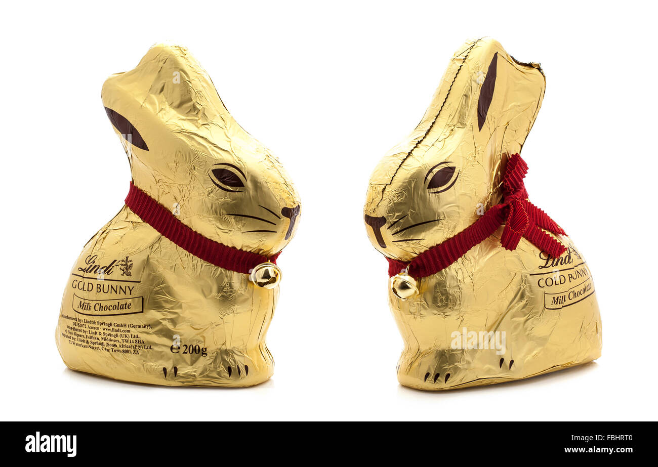 Two Lindt Chocolate Gold Bunny's on a white background Stock Photo