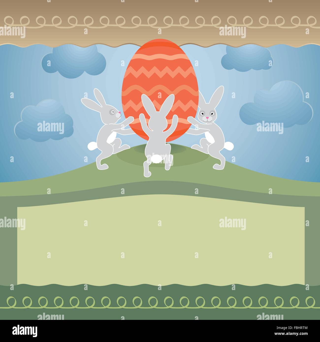 Cute easter greeting card with big empty text area, huge egg and bunnies. Stock Vector