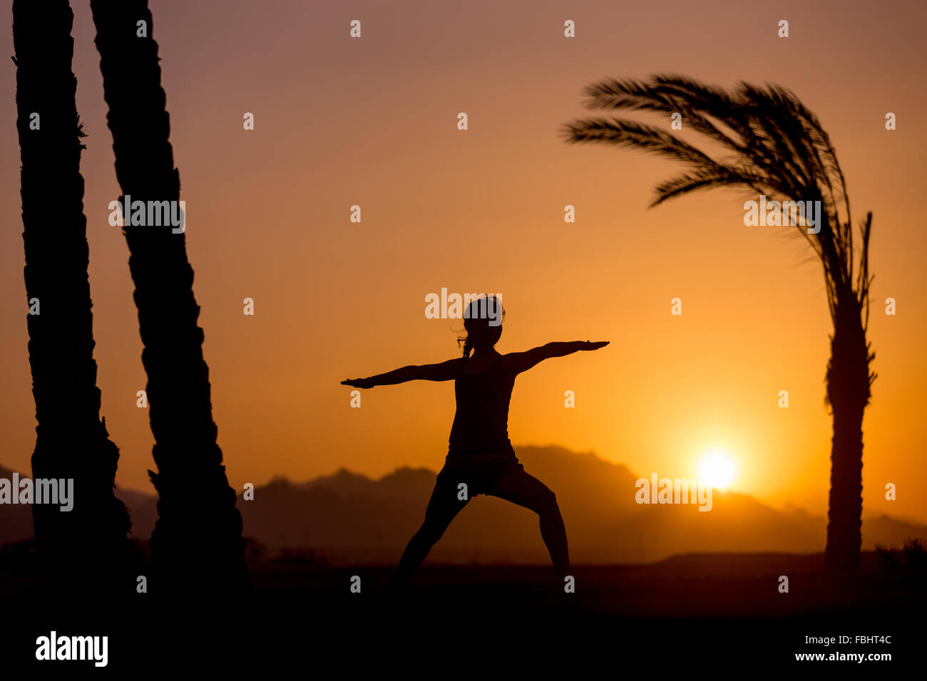 Silhouette of young woman practicing yoga or pilates at sunset or sunrise in beautiful tropical location with mountains and palm Stock Photo