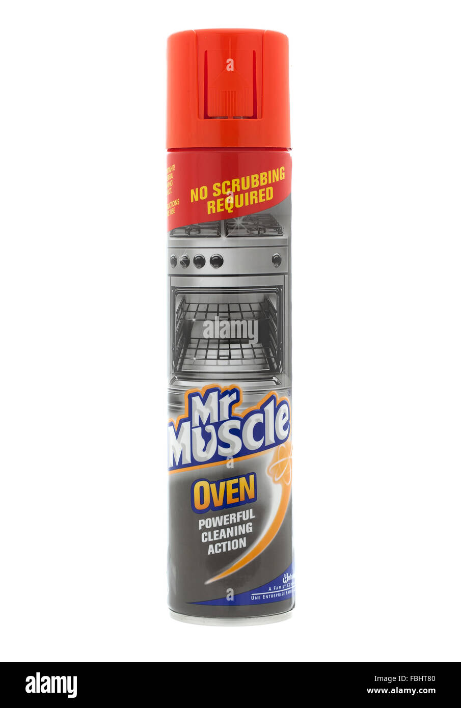 Can of Mr Muscle Oven Cleaner on a white background Stock Photo