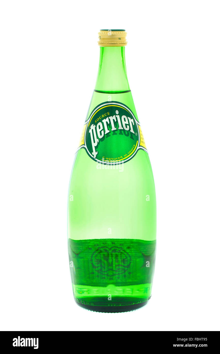 Perrier Natural Mineral Water on white background. Stock Photo
