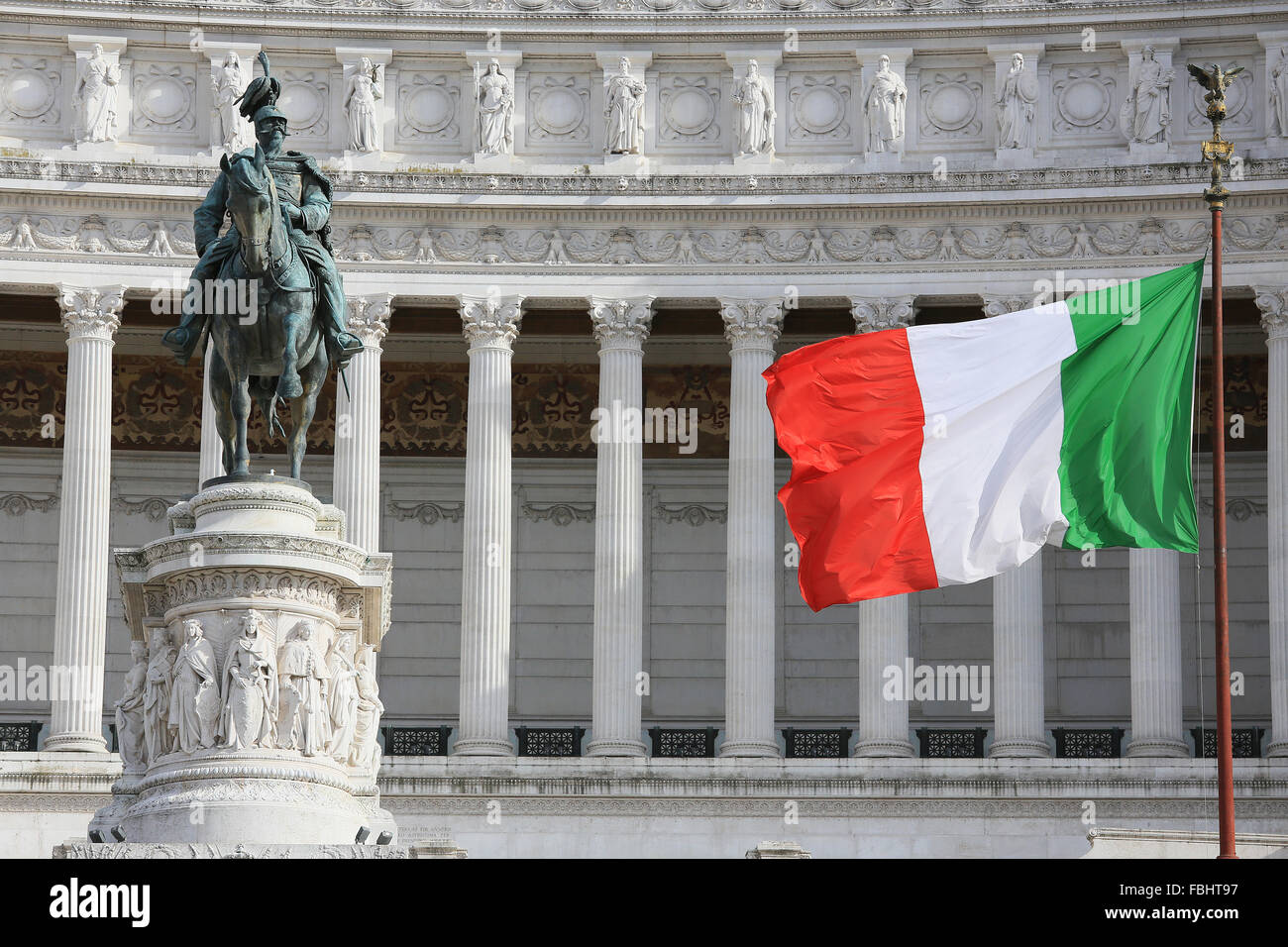 National Monument of Victor Emmanuel II with Italian flag, Rome, Italy. Stock Photo
