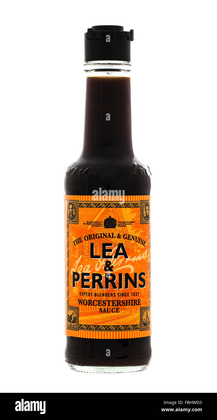 Lea & Perrins Worcester sauce on a white background Lea & Perrins is a food division of the H. J. Heinz Company Stock Photo