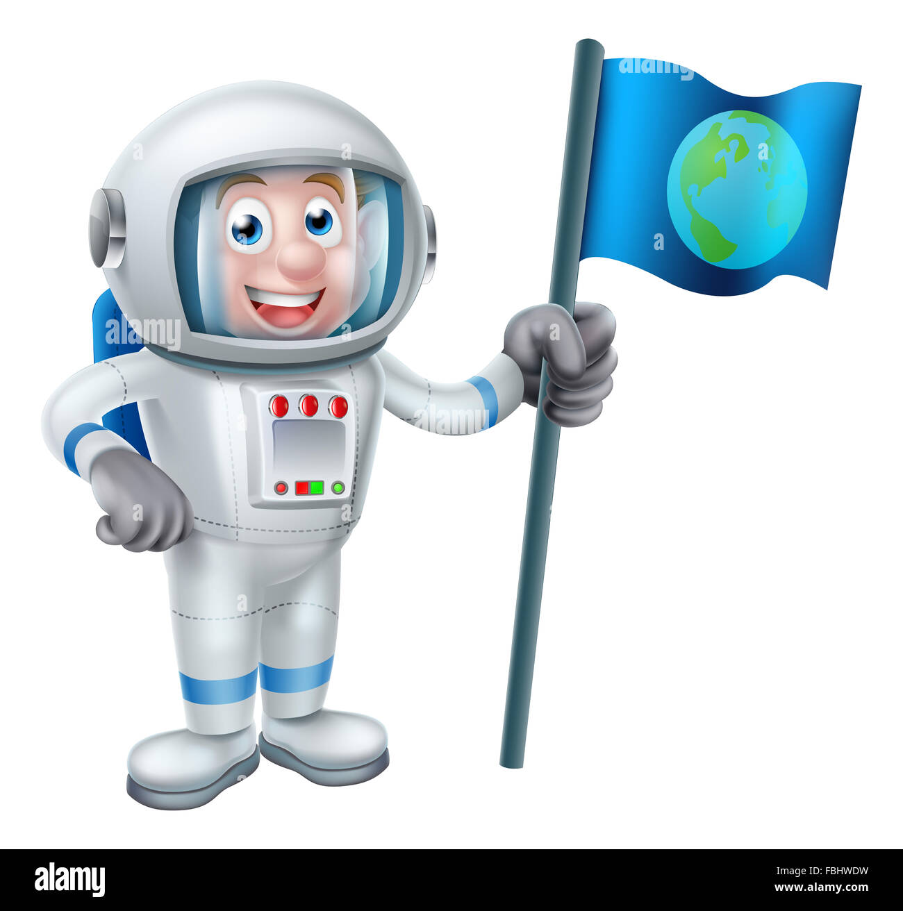 An illustration of a cartoon astronaut holding a flag with the earth on it Stock Photo