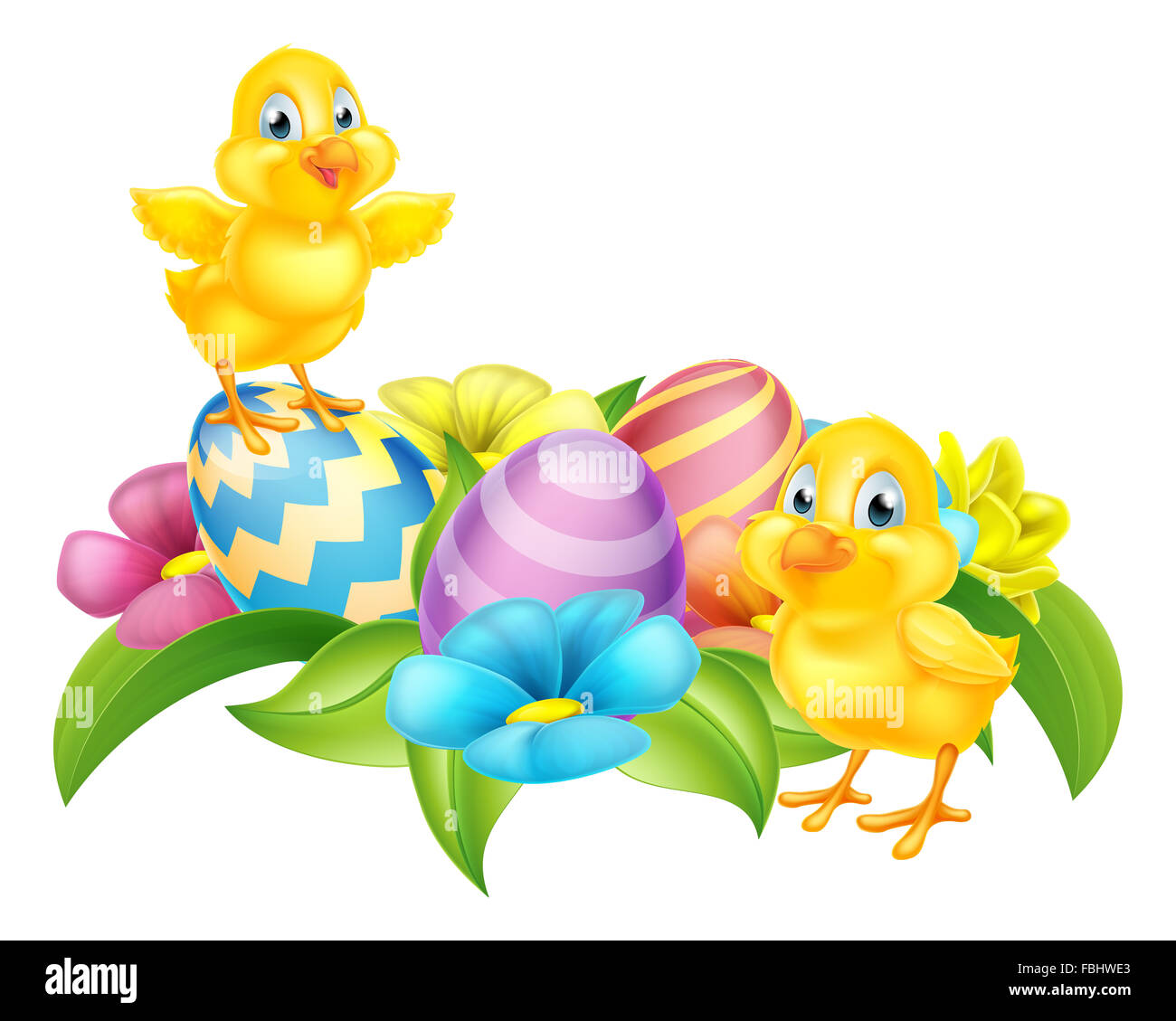 Cute Cartoon Easter Chicks, Easter Eggs and spring flowers cartoon ...