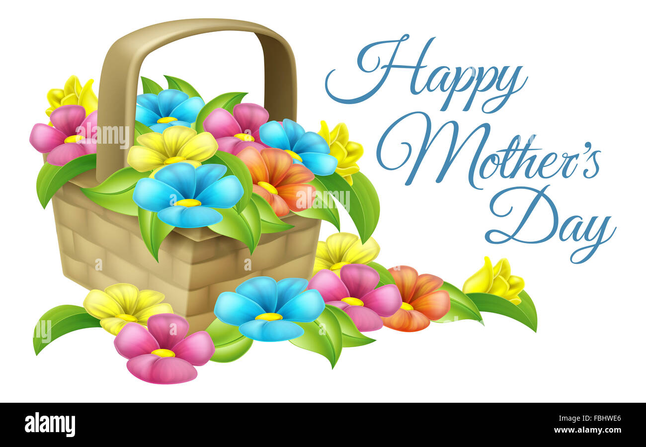 A beautiful floral gift basket full of flowers with text reading Happy Mothers Day Stock Photo