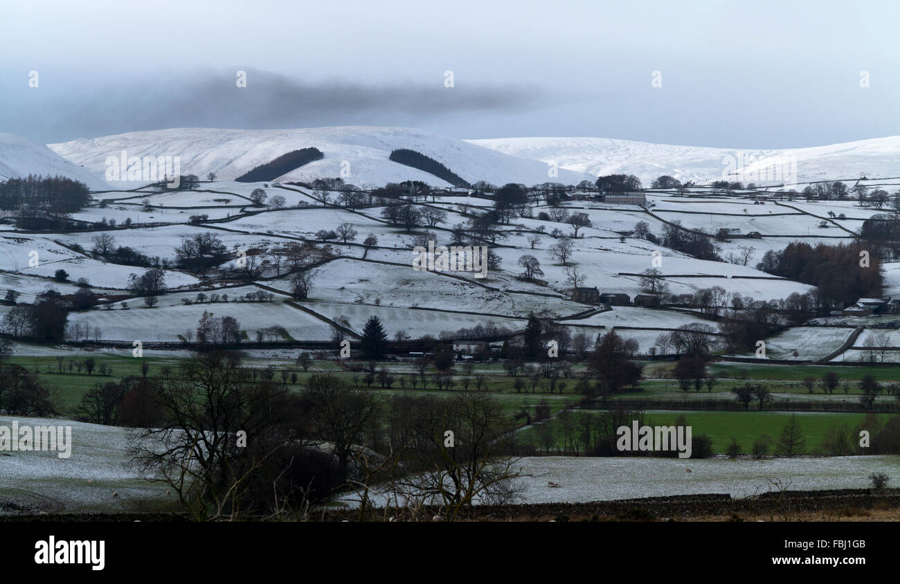 snow covered Fells showing wall lines and two squares of managed woodland with green valley in foreground Cumbria England Stock Photo