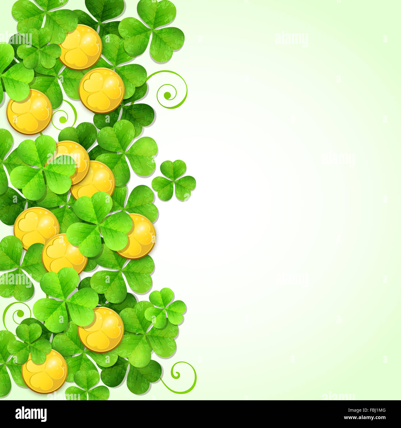 St. Patrick's Day background with green clover leaves and golden coins ...