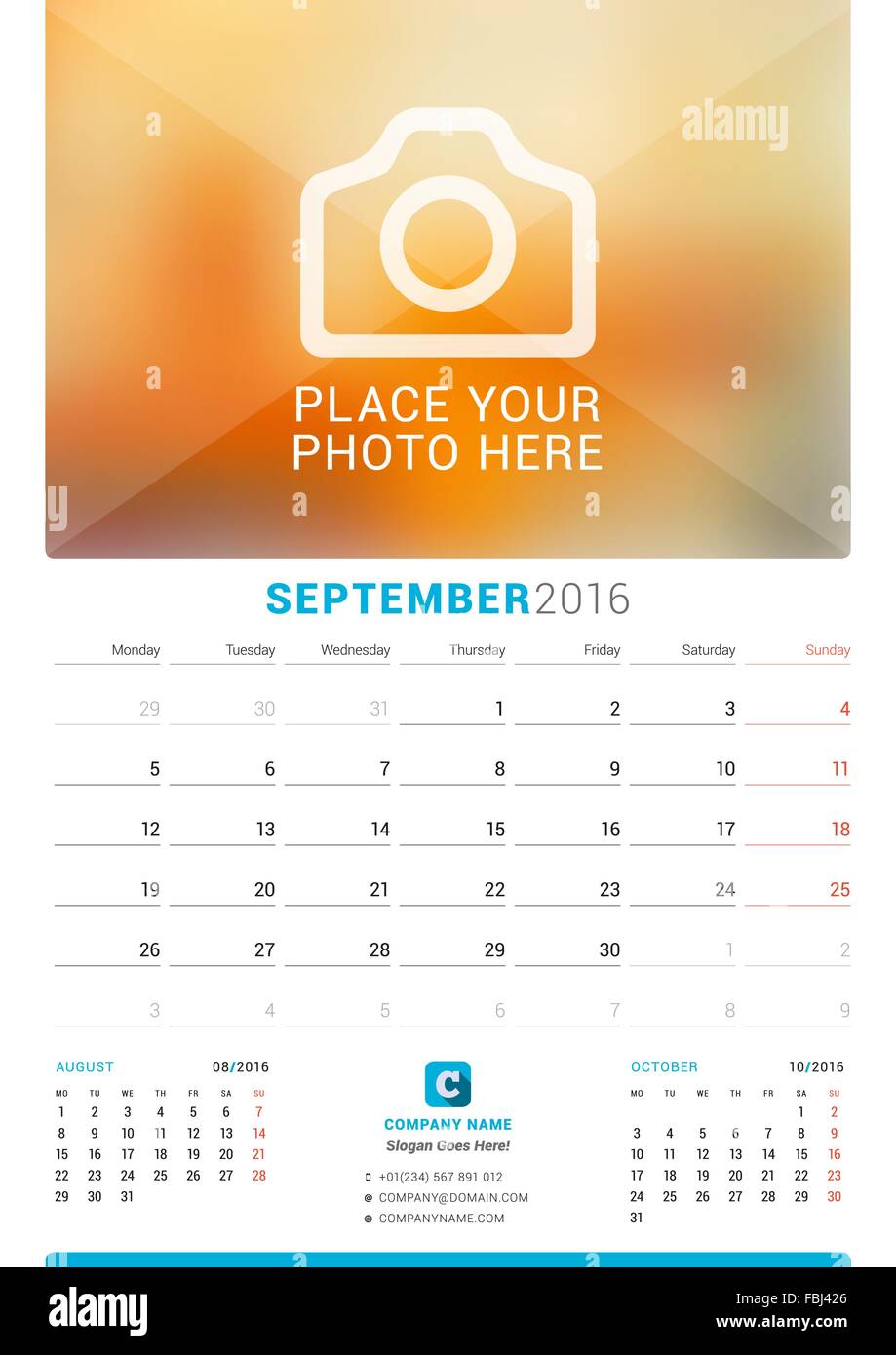 September 2016. Wall Monthly Calendar for 2016 Year. Vector Design Print Template with Place for Photo. Week Starts Monday. 3 Mo Stock Vector