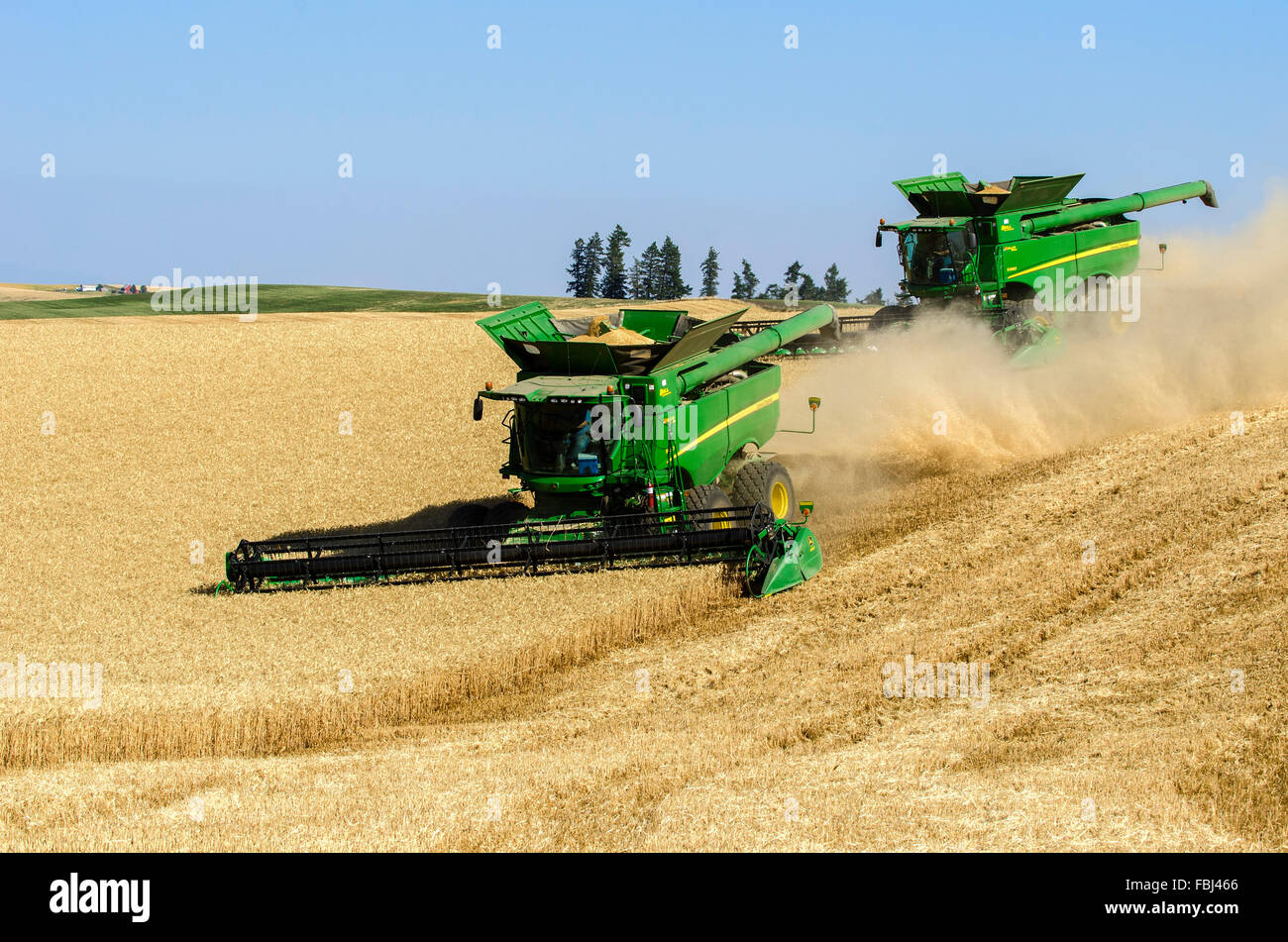 Multiple John Deere combines harvesting grain in the Palouse region of
