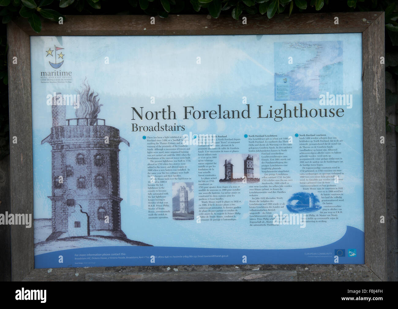Information sign board at North Foreland Lighthouse, near Broadstairs, Kent, England, UK. Stock Photo
