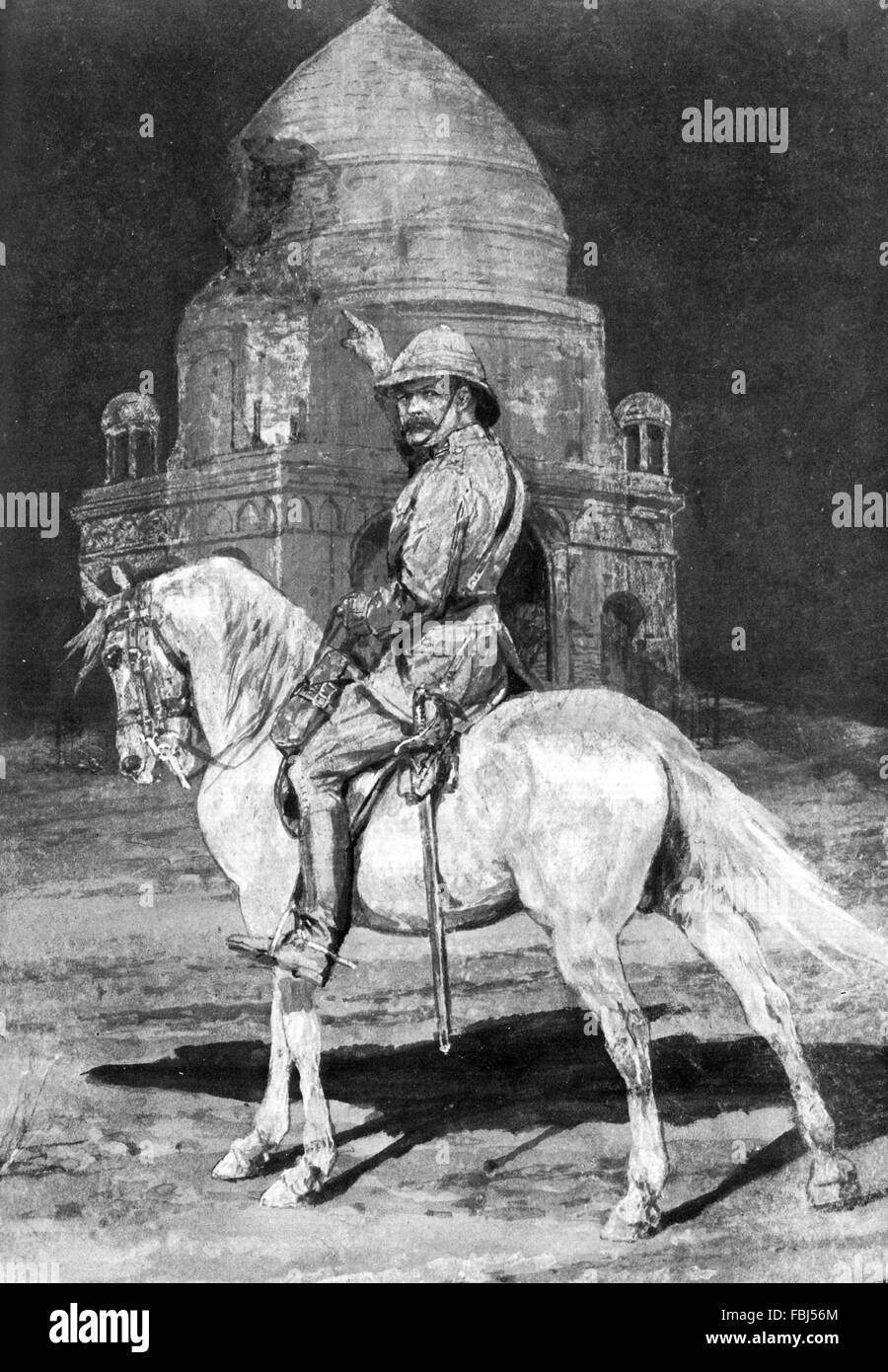 HERBERT KITCHENER (1850-1916) British Army office visits the Madhi's (Mohammed Ahmed) tomb as drawn by Richard Woodville Stock Photo