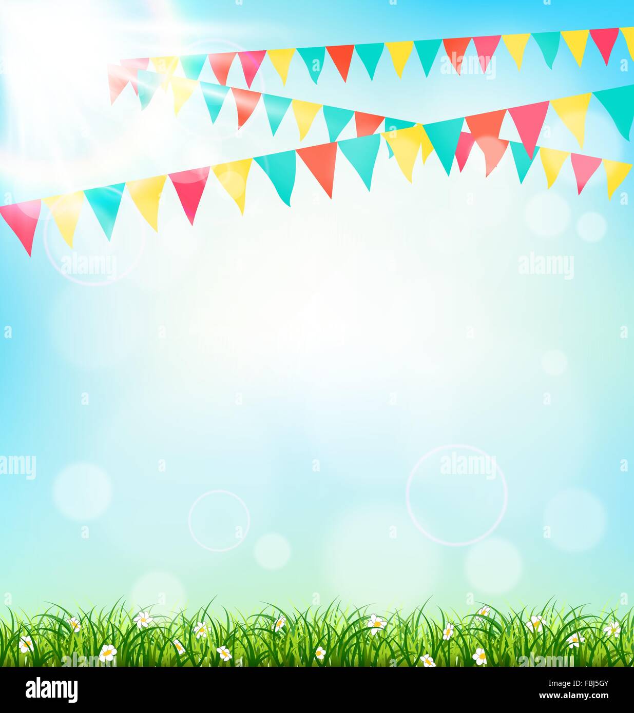 Celebration background with buntings grass and sunlight on sky Stock Vector