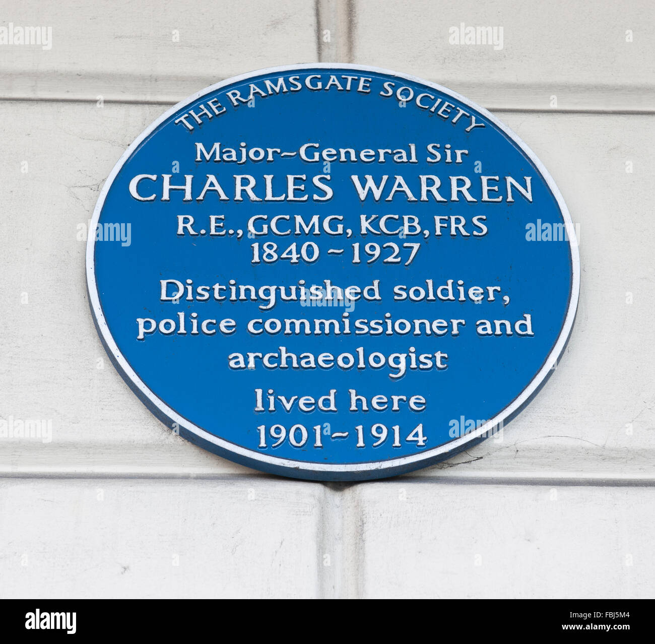 Blue plaque to Major-General Sir Charles Warren at Wellington Crescent, Ramsgate, Kent, England, UK. Stock Photo