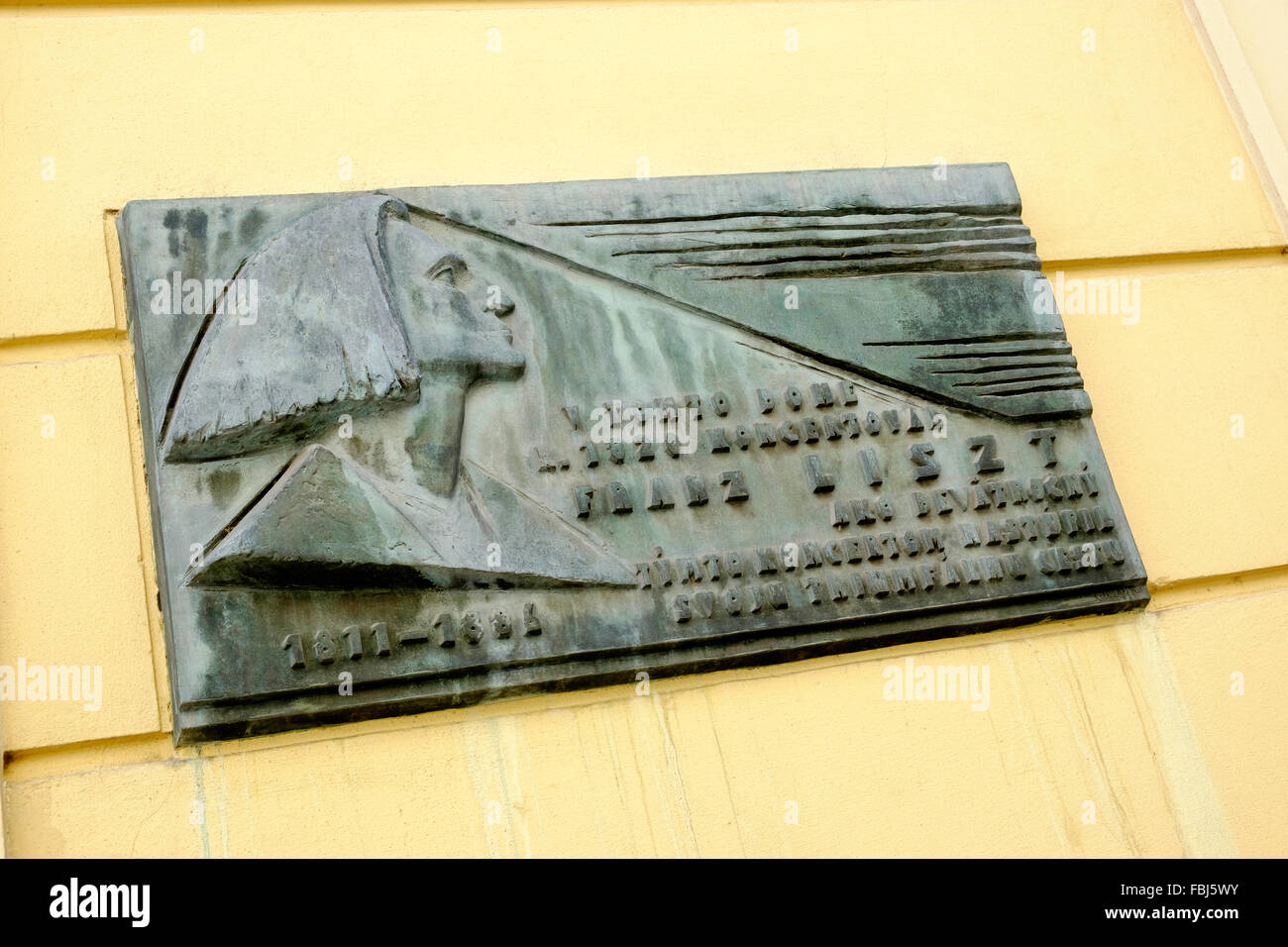 Plaque in honour of Franz Liszt the composer on wall of Pauli Palace in Bratislava in Slovakia on the River Danube. Europe Stock Photo