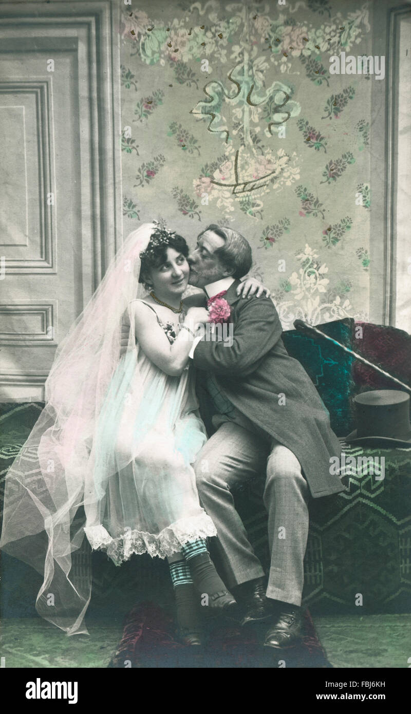 Postcard, historical, bride and groom, age difference, kiss Stock Photo