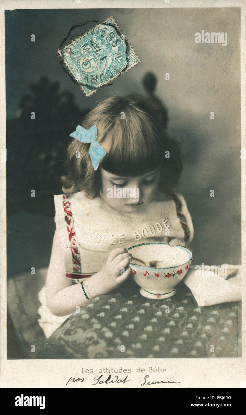 Postcard, historical, toddler, girl, eating, sulking, Stock Photo