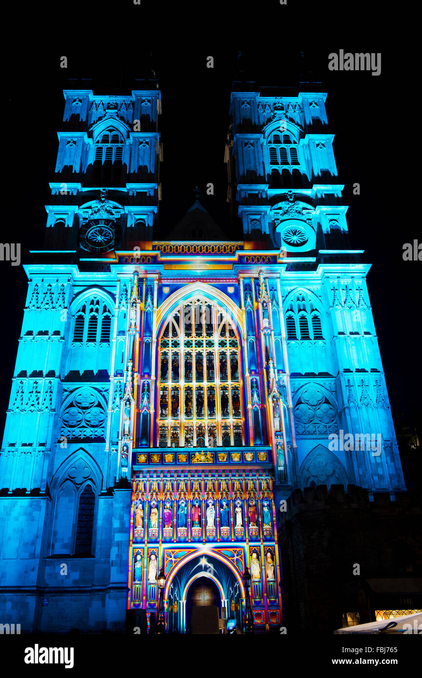 The West front of Westminster Abbey at the 2016 Lumiere Light festival London. The Light of the Spirit by Patrice Warrener Stock Photo