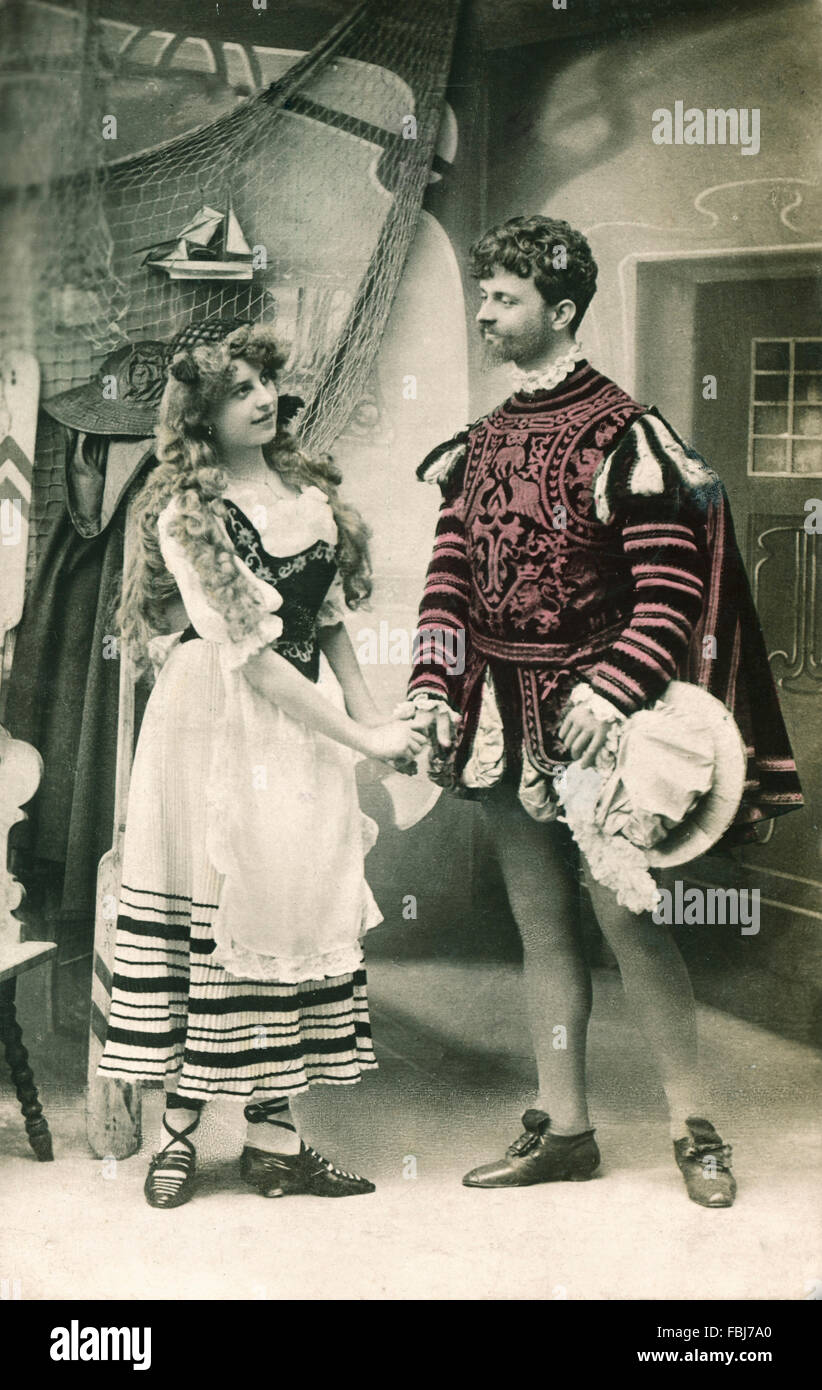Postcard, historical, couple, young, costumes, in love Stock Photo Alamy