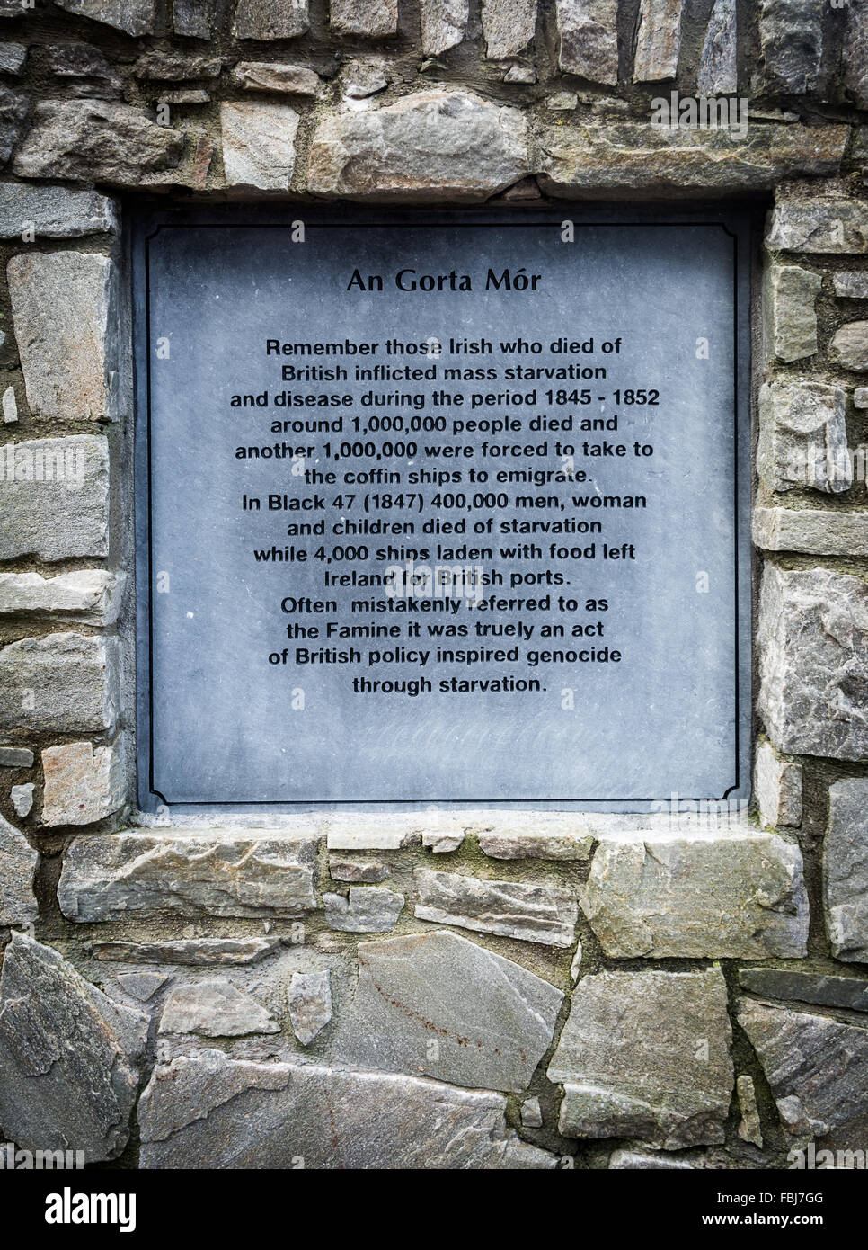 An Gorta Mor memorial plaque found on an Irish Republican memorial garden in Bundoran, County Donegal, Ireland. Stock Photo