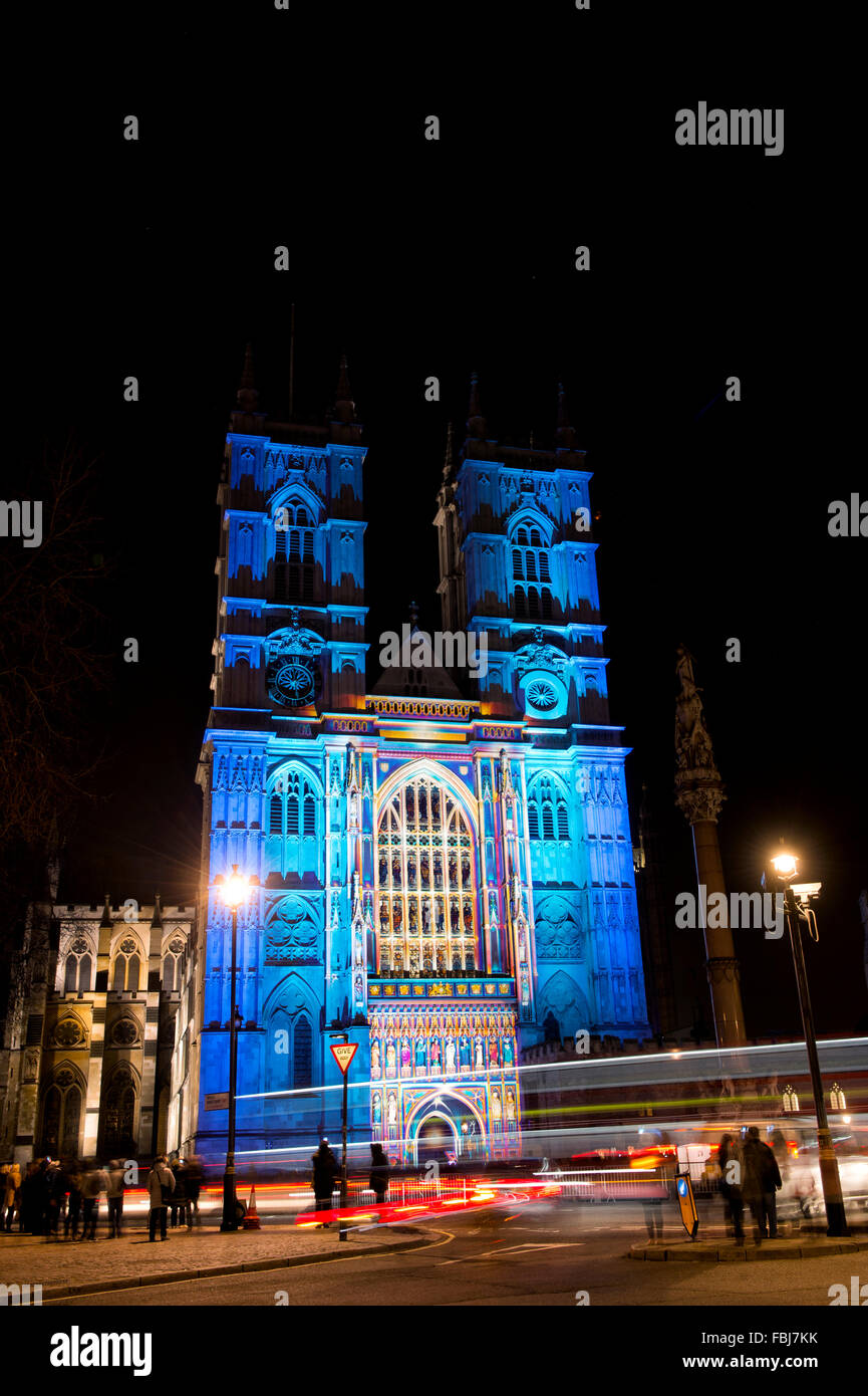 The West front of Westminster Abbey at the 2016 Lumiere Light festival London. The Light of the Spirit by Patrice Warrener Stock Photo