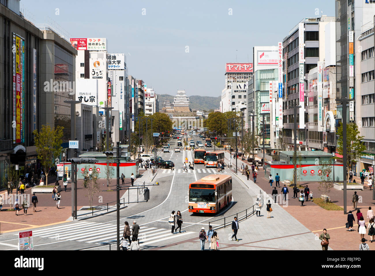 Himeji city, Japan. View along Ootemae dori wide main street, from the