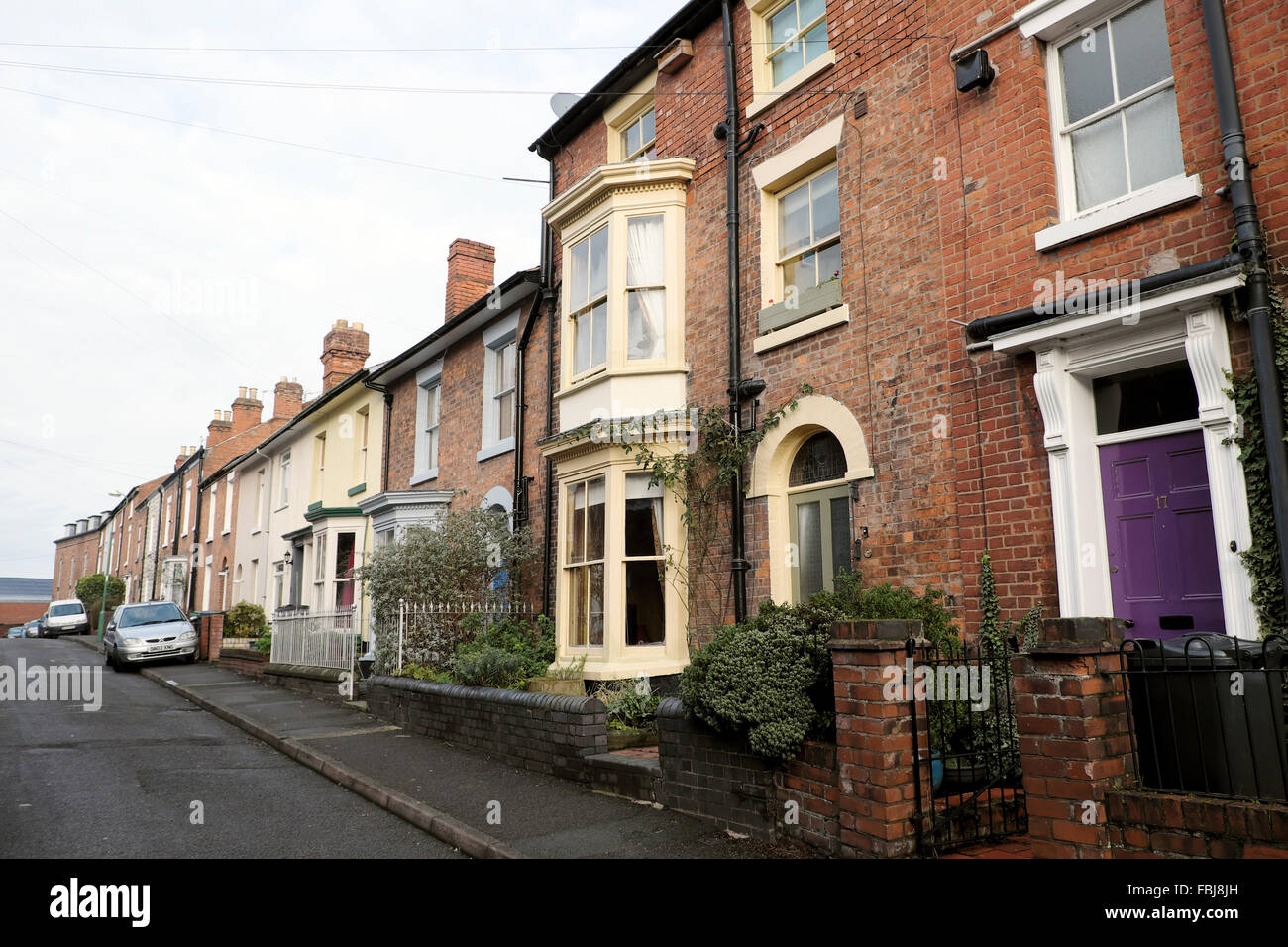 View of terraced houses along Albert Street in Shrewsbury, Shropshire