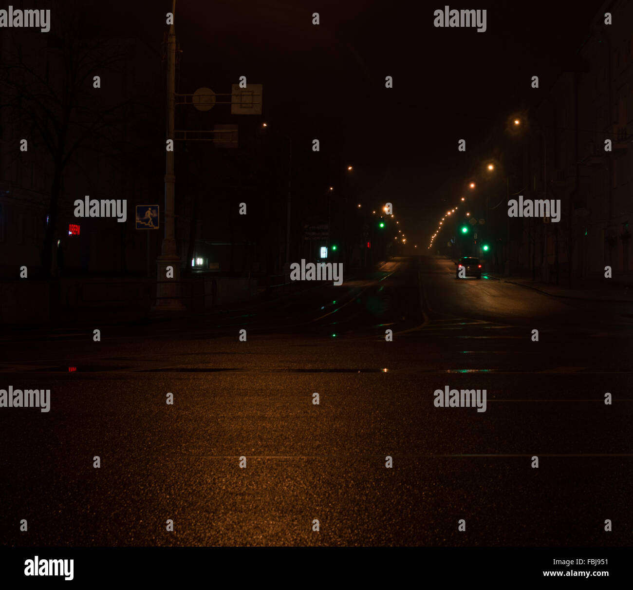 Sole driver on empty night street. Green light Stock Photo Alamy