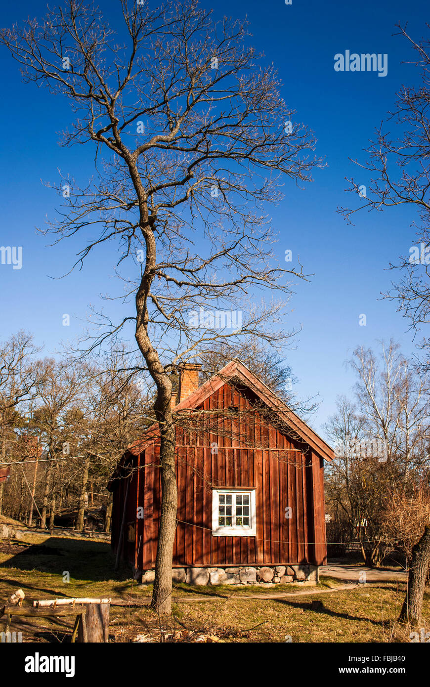 typical Swedish wooden hut, Skansen, Stockholm Stock Photo