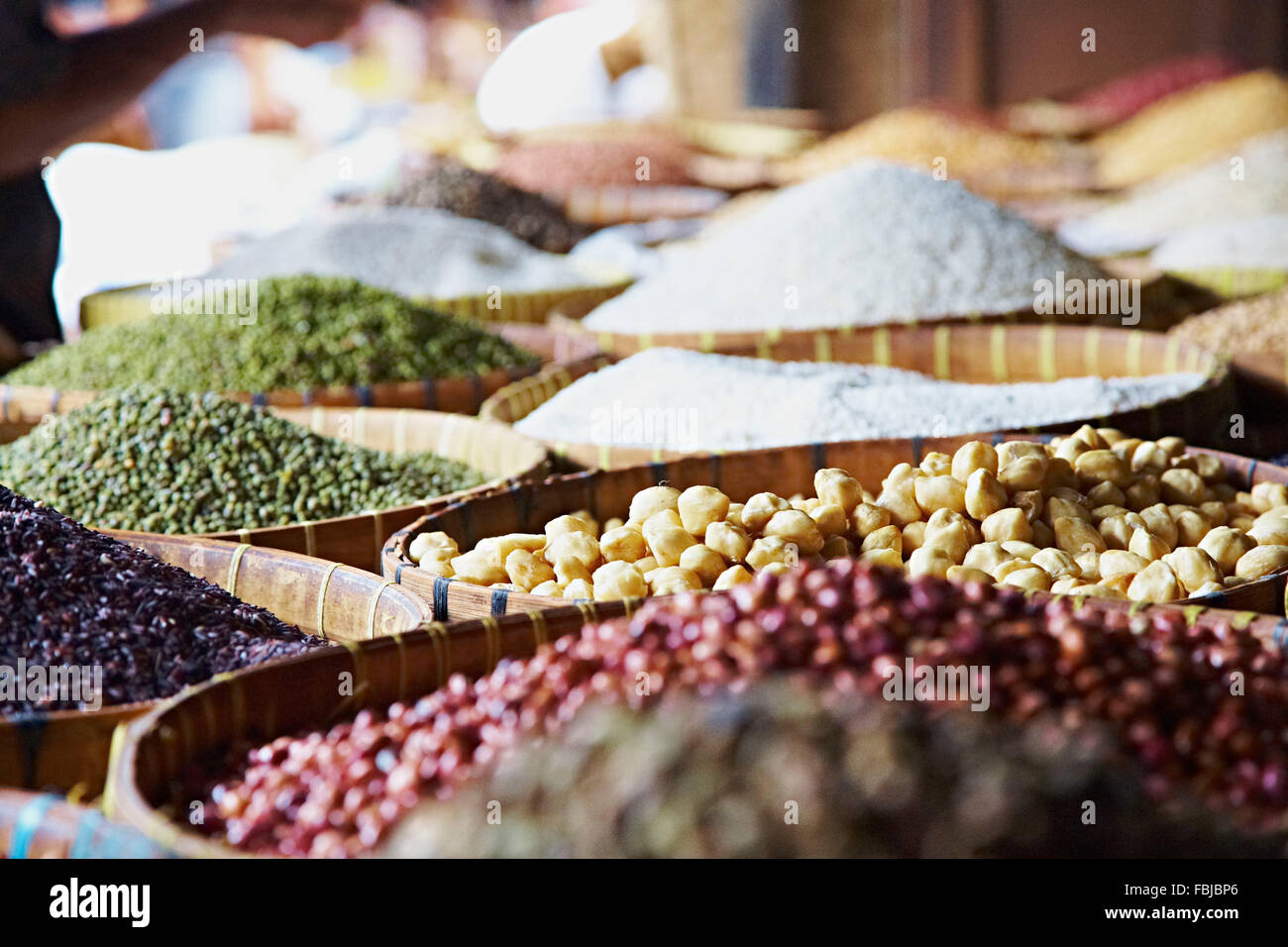 Market, baskets full of food, travel, beans, spices, chickpeas, Lombok, Indonesia, Asia Stock Photo