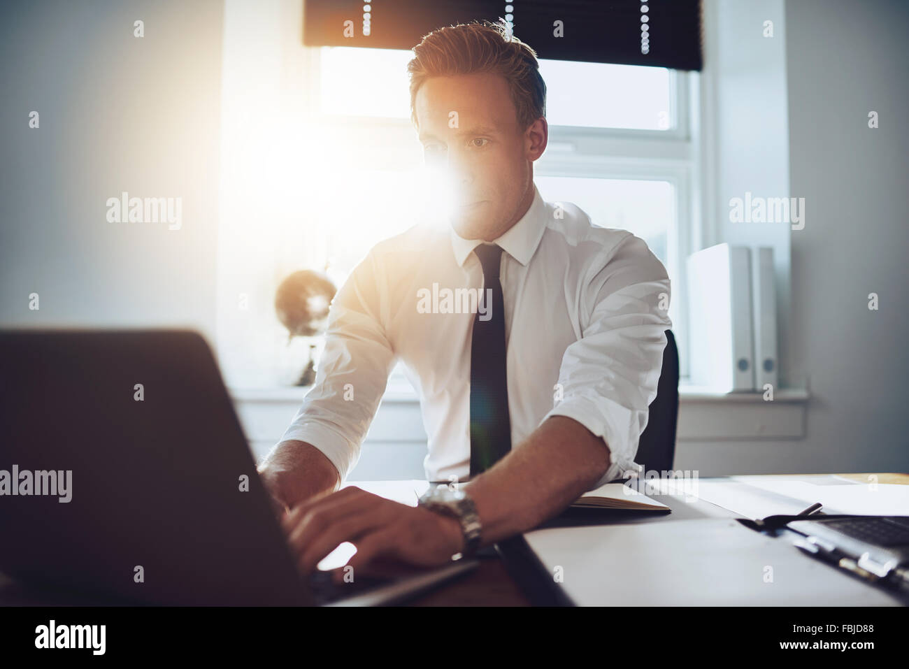 Executive working on laptop with documents on the desk Stock Photo