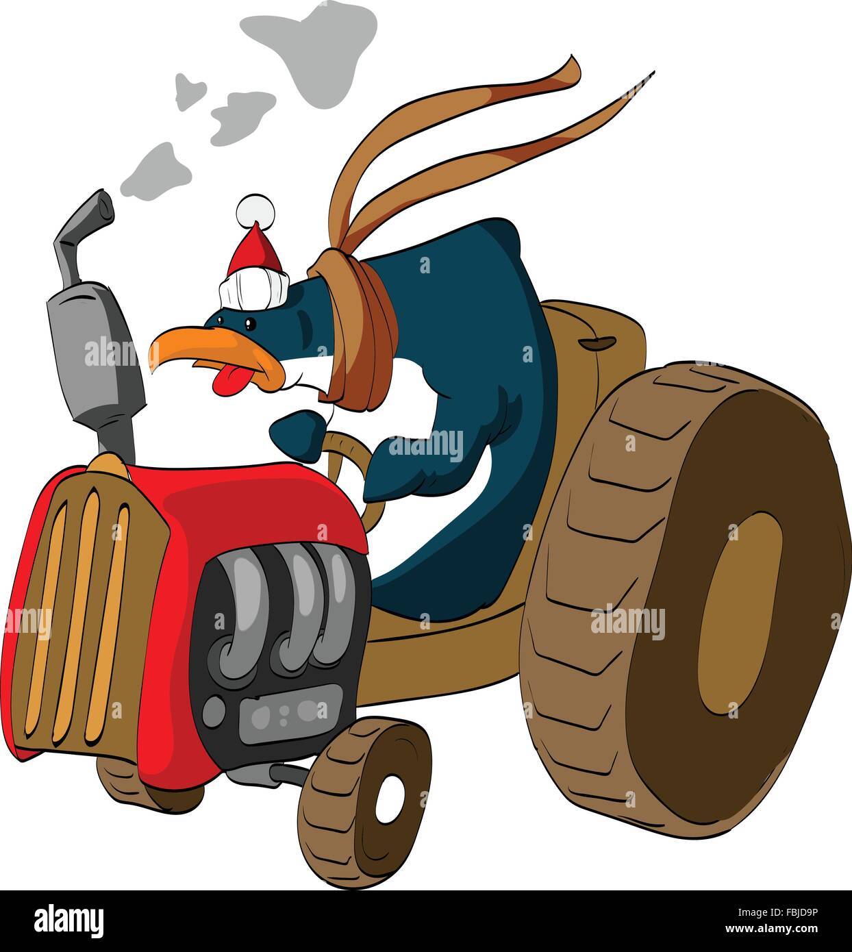 Cartoon penguin with Christmas hat, riding a tractor. Stock Vector