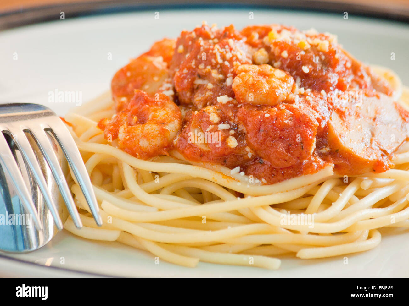 Spaghetti with meatballs, shrimp and button mushroom Stock Photo Alamy