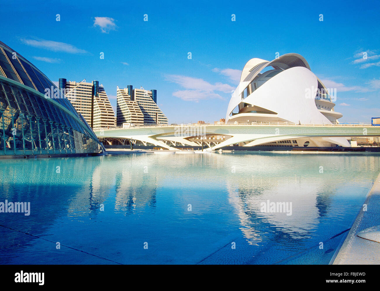 Arts Palace and its reflection on the pond. City of Arts and Sciences, Valencia, Spain. Stock Photo