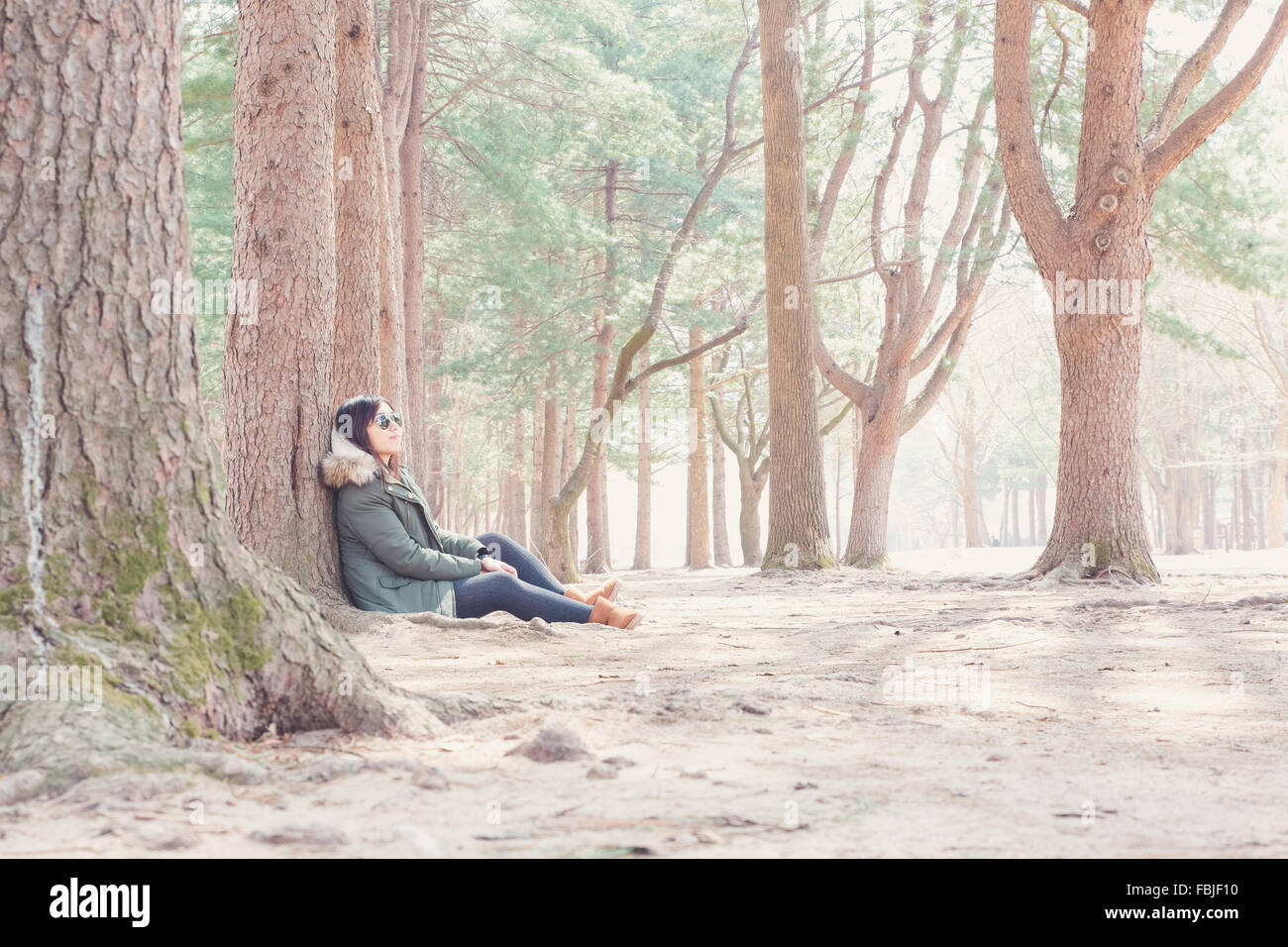 Asian woman sitting in the forest Stock Photo