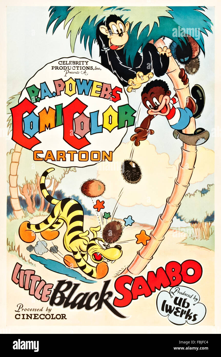 Poster for 'Little Black Sambo' 1935 animated film by Ub Iwerks Studio adapted from the  children's book of the same name by Helen Bannerman (1862-1946). See description for more information. Stock Photo