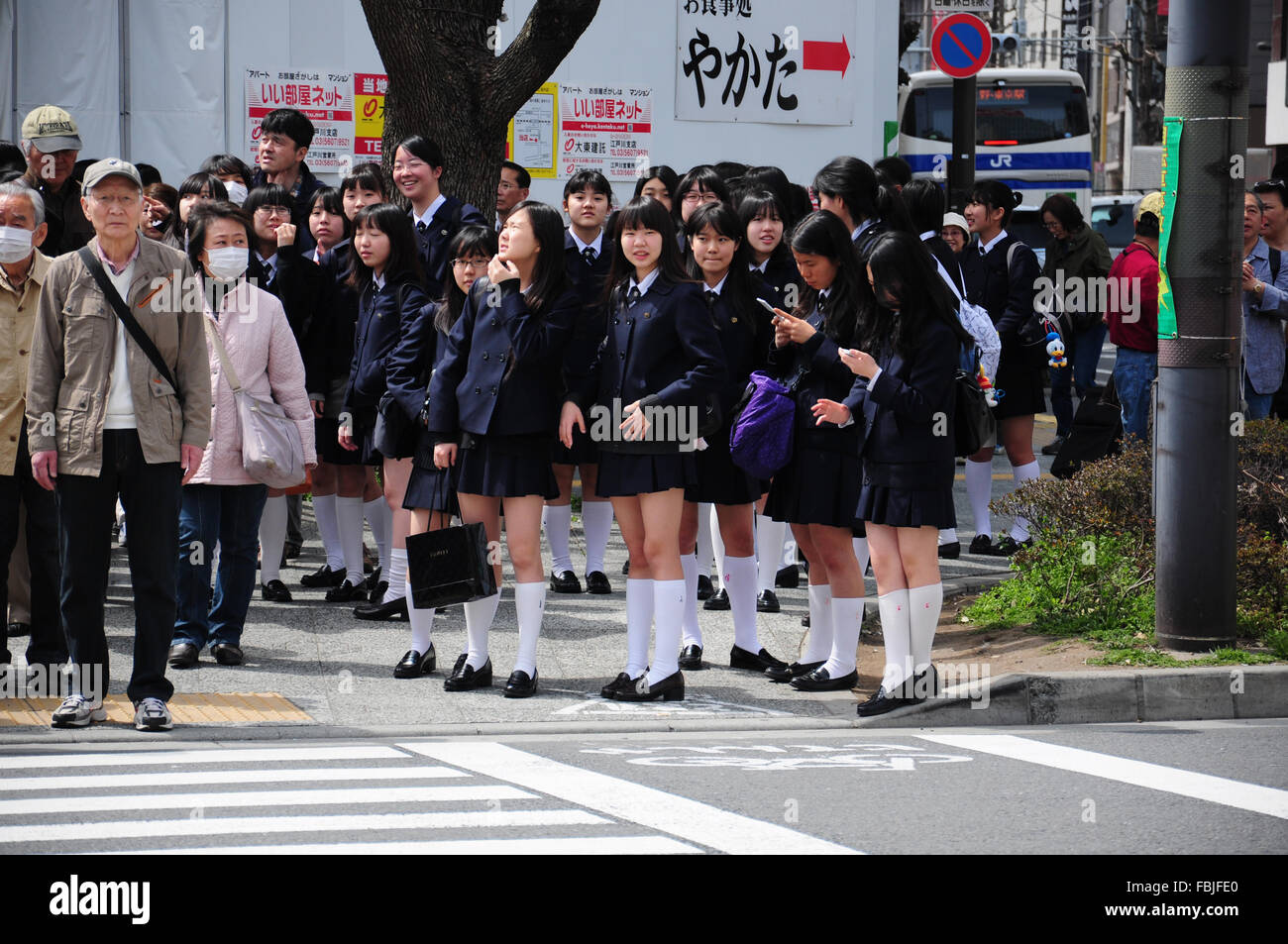 10 April, 2012. Tokyo, Japan. Japanese girl students waiting at the crossroad Stock Photo