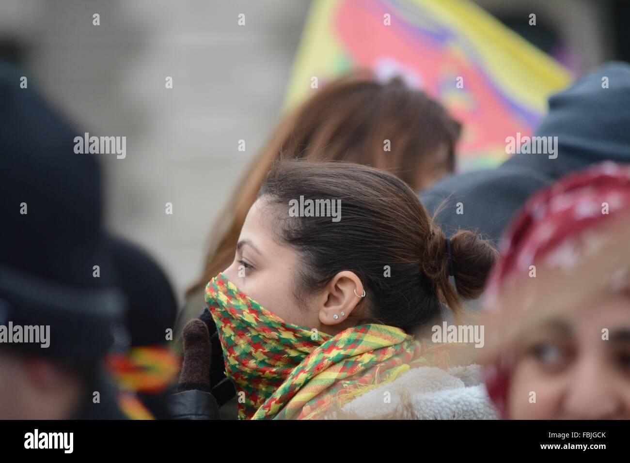 London, England. 17/January/2016. Female protester in a traditional scarf. Credit:  Marc Ward/ Alamy Live News Stock Photo