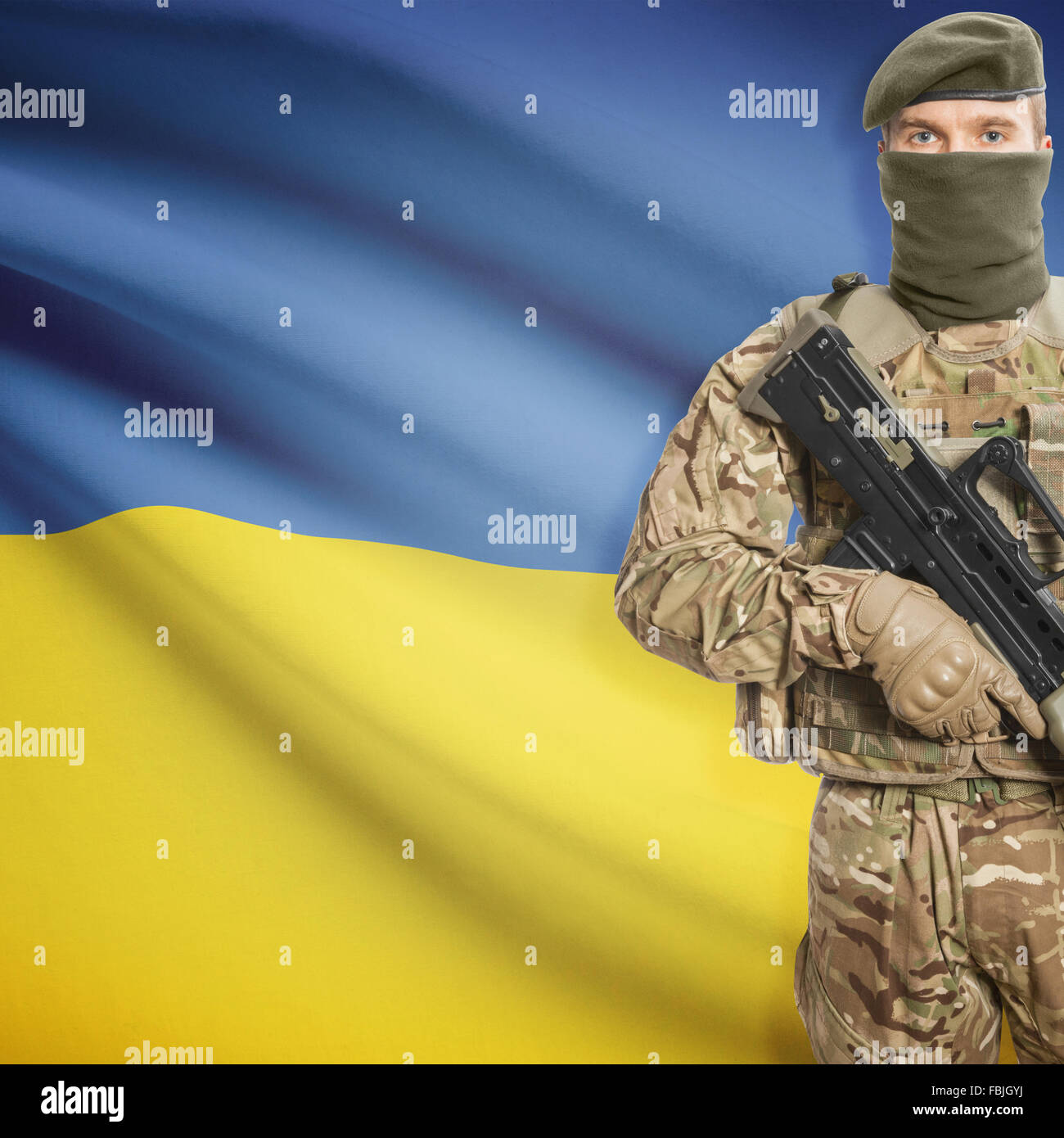 Soldier with machine gun and national flag on background series ...