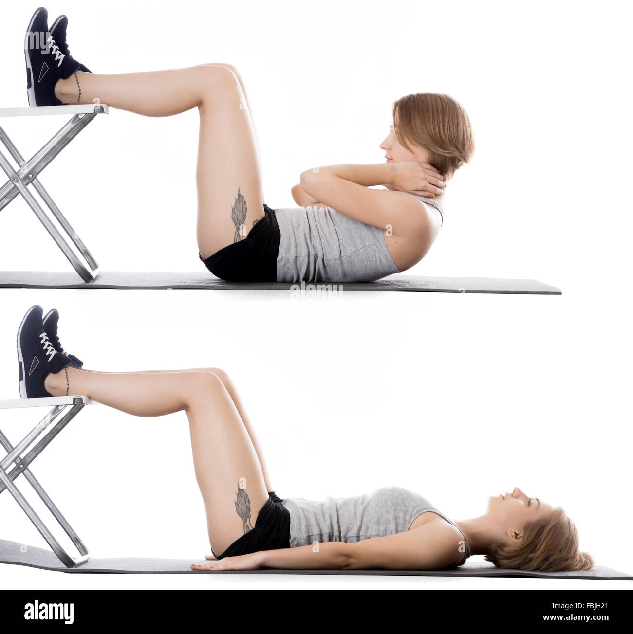 Portrait of young slim beautiful woman working out on mat warming up doing abdominal crunches with office chair full length Stock Photo Alamy
