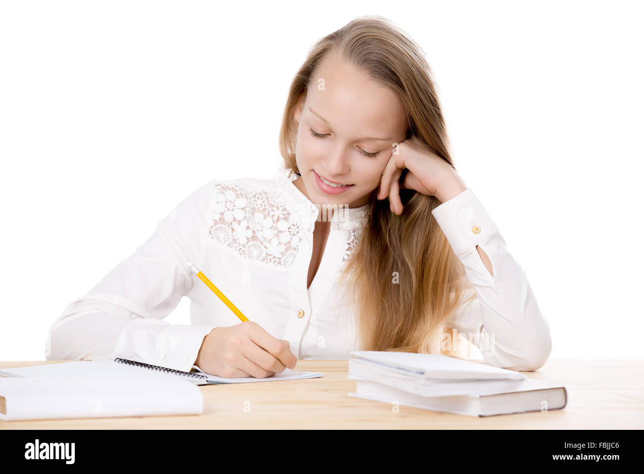 Portrait of happy beautiful casual caucasian girl wearing white shirt ...