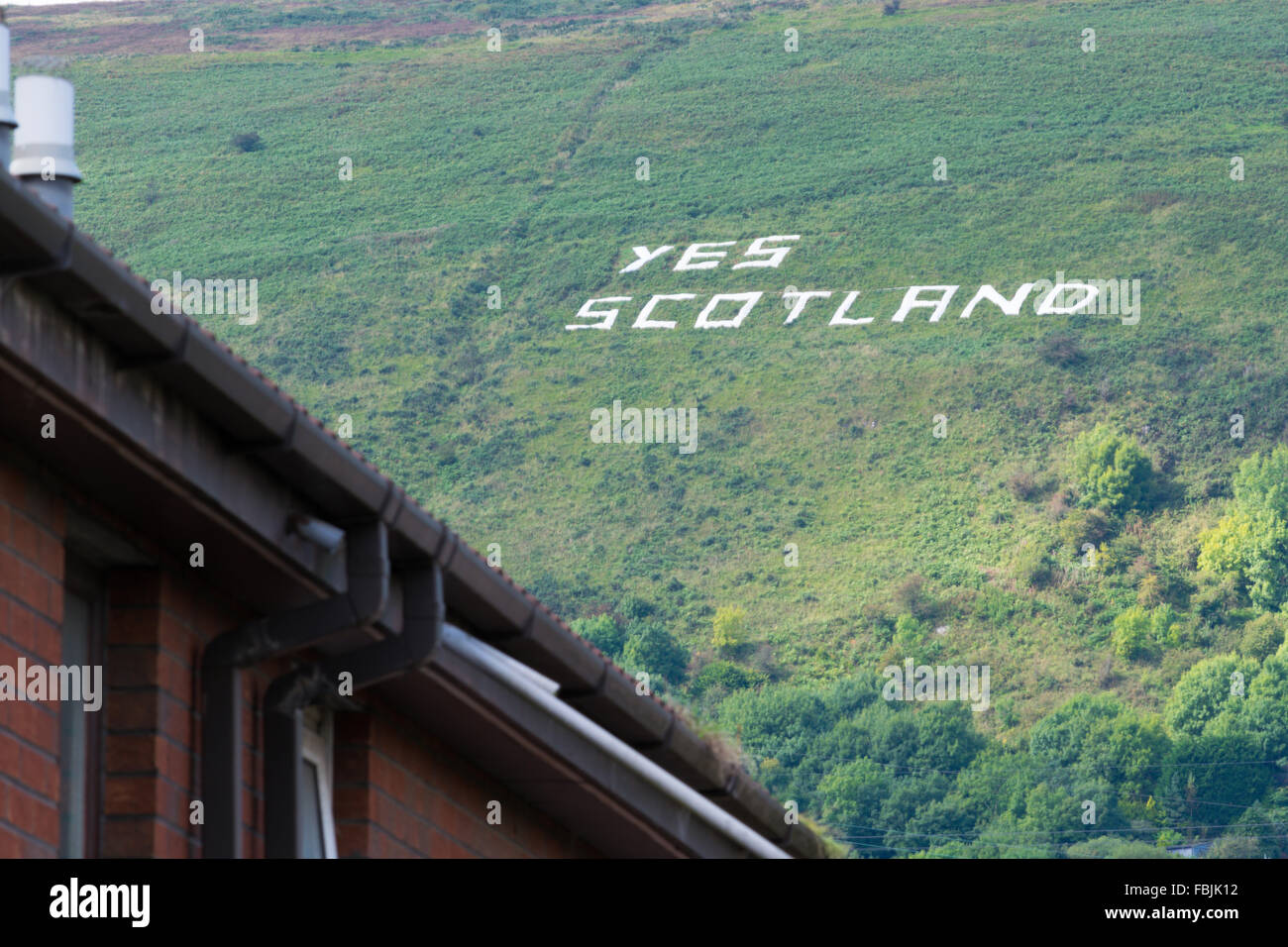 Large white Yes Scotland writing placed on Belfast's Black Mountain during Scotland's vote for independence from Britain Stock Photo