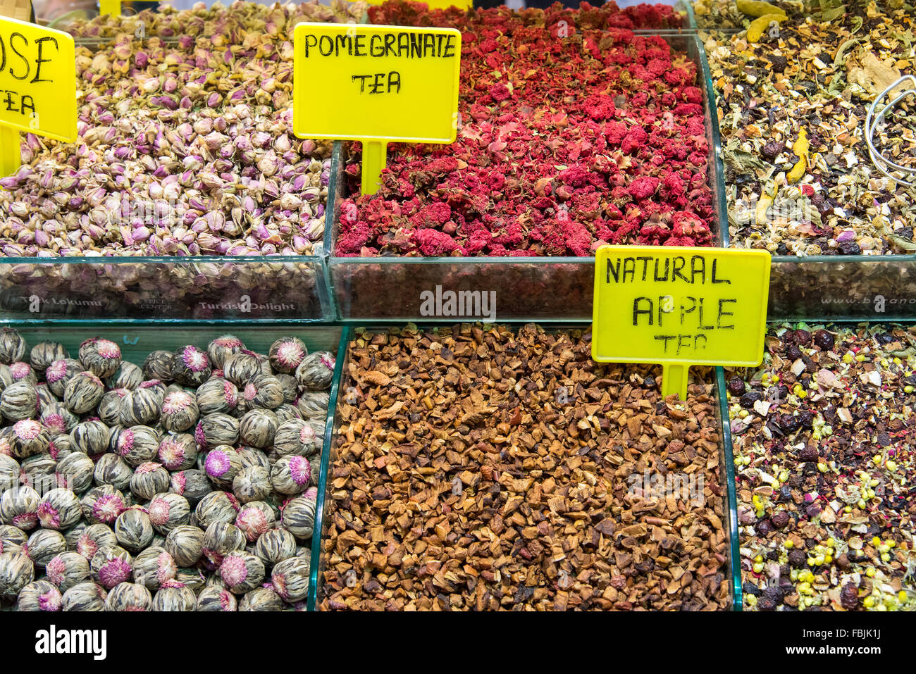 Different teas for sale at the Spice market in Istanbul, Turkey Stock Photo
