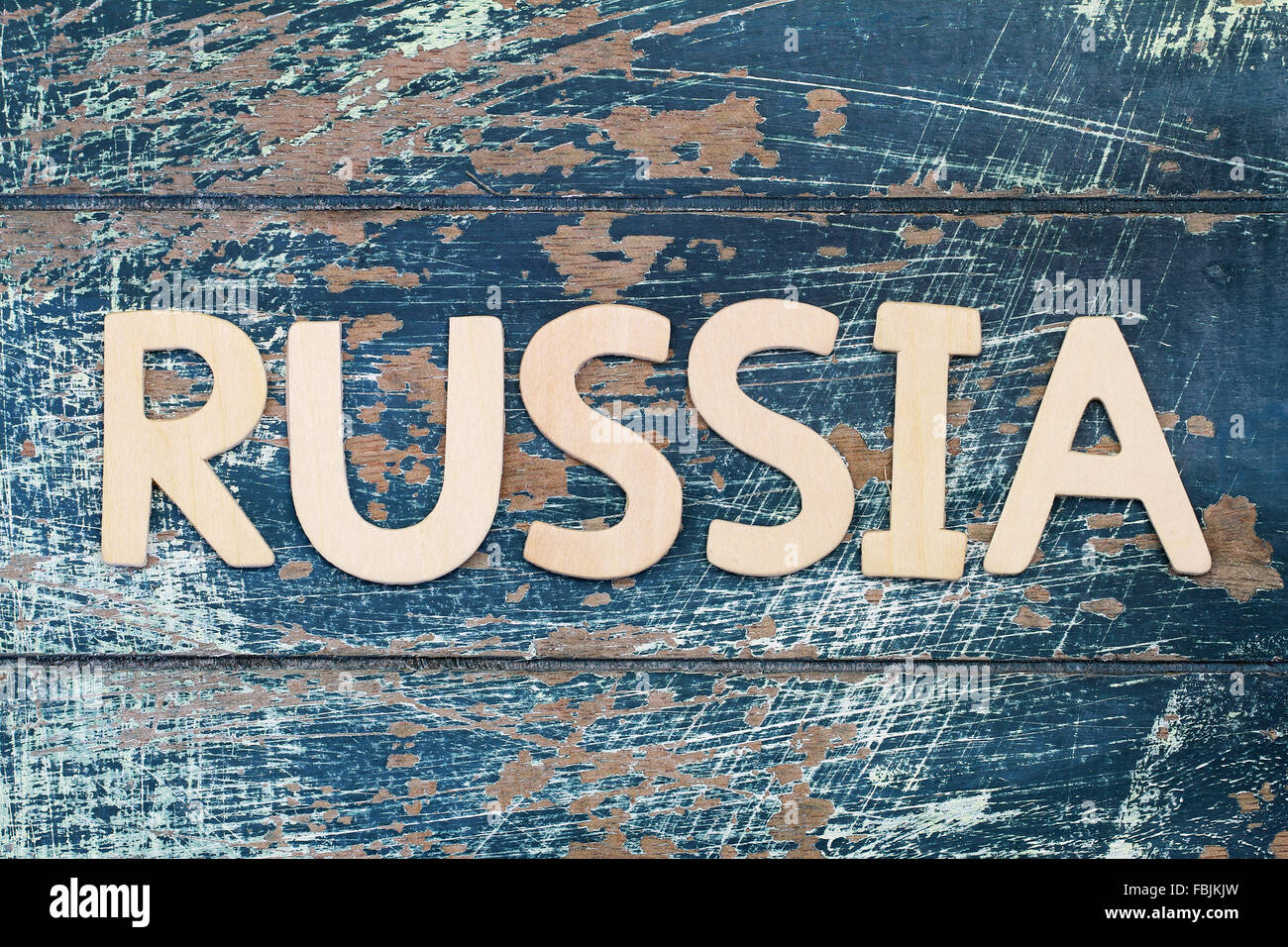 Russia written with wooden letters on rustic surface Stock Photo