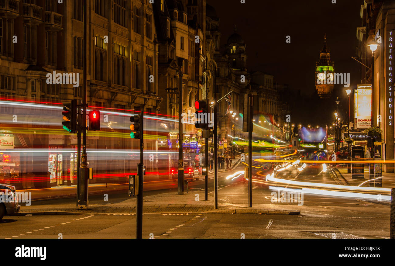 Long exposure of London at night from Trafalgar Square down Whitehall to Big Ben, Stock Photo