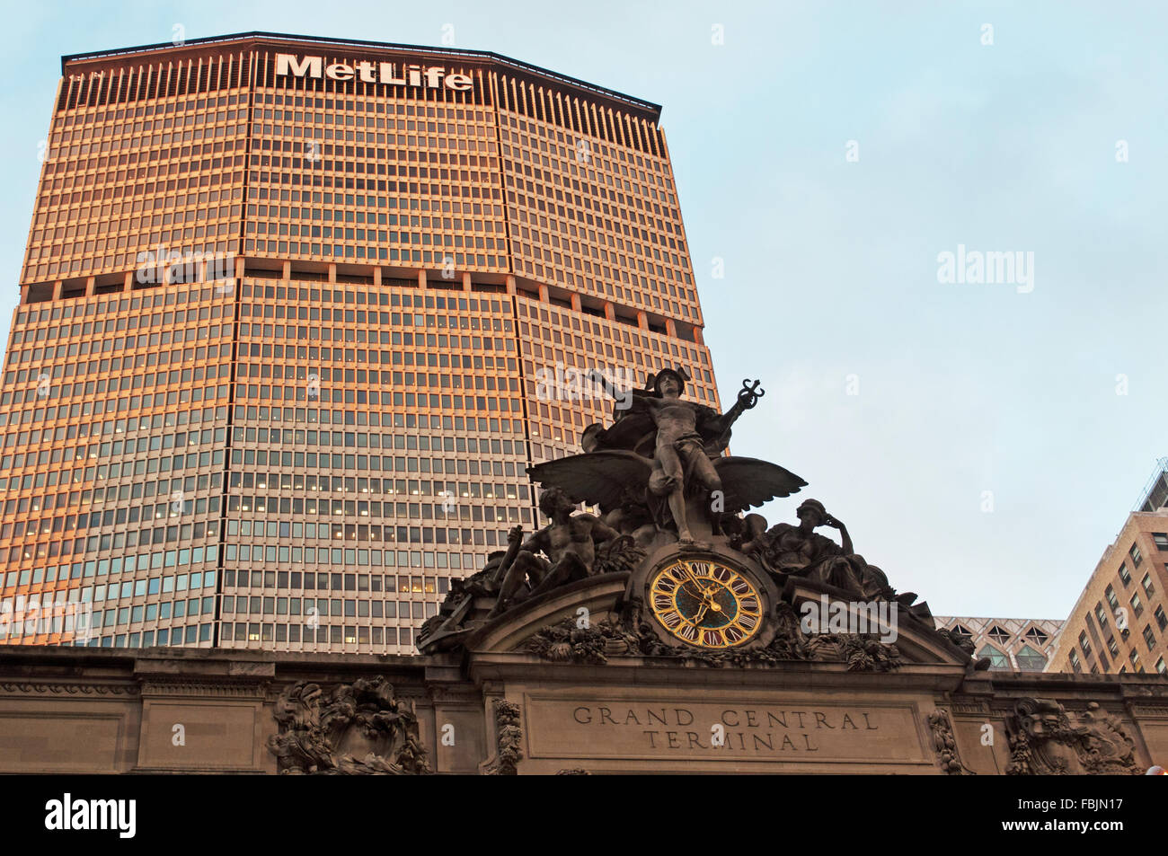 New York, United States of America: MetLife Building and Grand Central Terminal, sunset light, clock Stock Photo